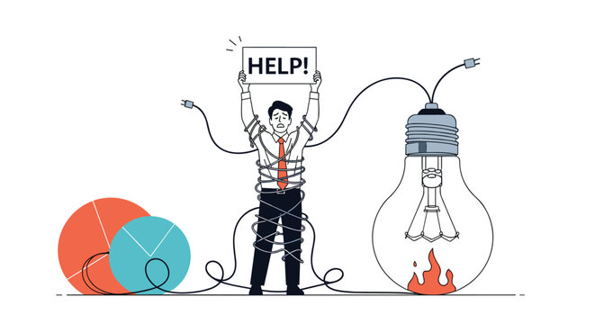 Stressed businessman tied with tangled wires holding a help sign next to a burnt out lightbulb representing burnout.