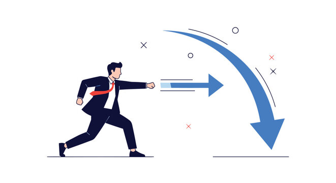Businessman punching a blue growth arrow causing it to bend sharply downwards representing economic failure.