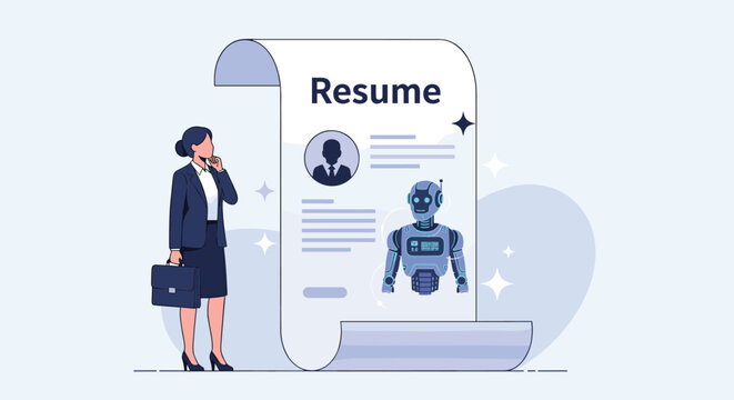 Professional woman with a briefcase looking at a giant resume featuring an artificial intelligence robot head.