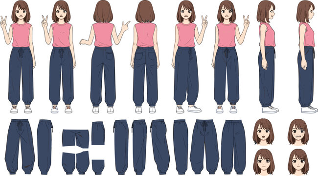 Casual Anime Girl Character Design Sheet with Full Body Turnaround Front Back and Side Views Plus Separated Clothing Parts and Facial Expressions for Vector Animation