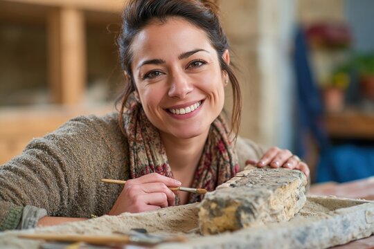 Young female paleontologist smiling with tiny brush beside oversized replica bone