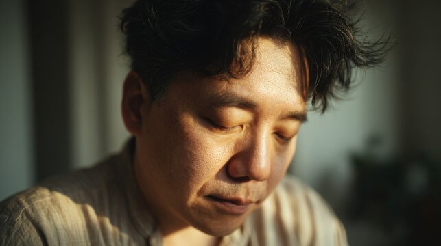 Soft light traces his cheek and closed eyes. He rests his head, quiet and thoughtful. Warm tones highlight gentle, contemplative expression. Ideal for mood, introspection, or quiet moments