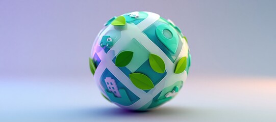 Fototapeta premium Sustainable mobility app concept with floating translucent route sphere and eco transport icons