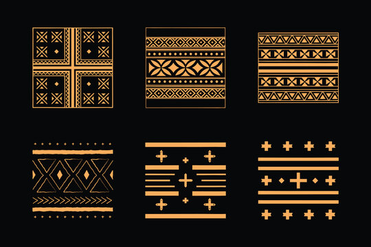 Hand-drawn tribal ethnic geometric patterns and borders isolated on black background.