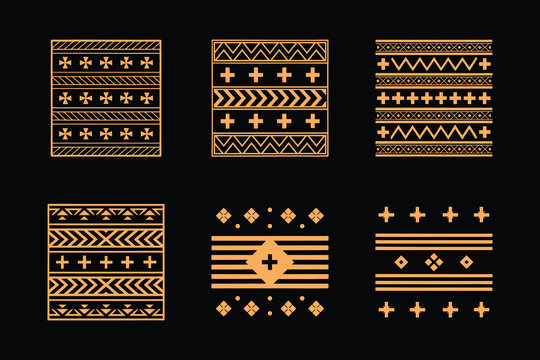 Hand-drawn tribal ethnic geometric patterns and borders isolated on black background.