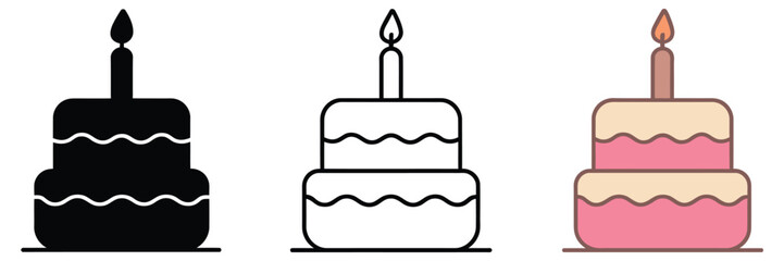 Fototapeta premium birthday cake icons featuring three layered cake with candle symbols, flat solid monochrome style, thin black outline black and white version and full color cream pink icon design.