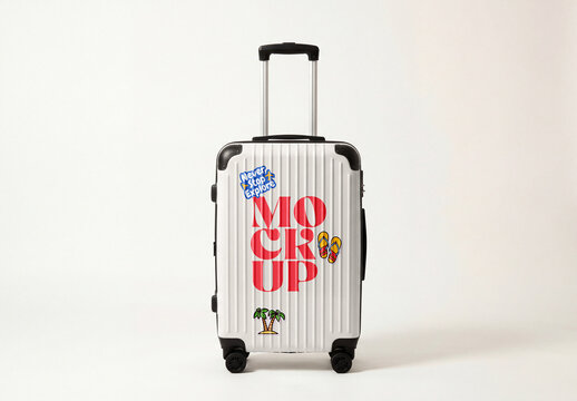 White hardside spinner luggage suitcase mockup with extended telescopic handle standing isolated on a solid white background