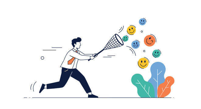 Energetic businessman running with a butterfly net to catch floating colorful smiley face icons representing customer satisfaction.