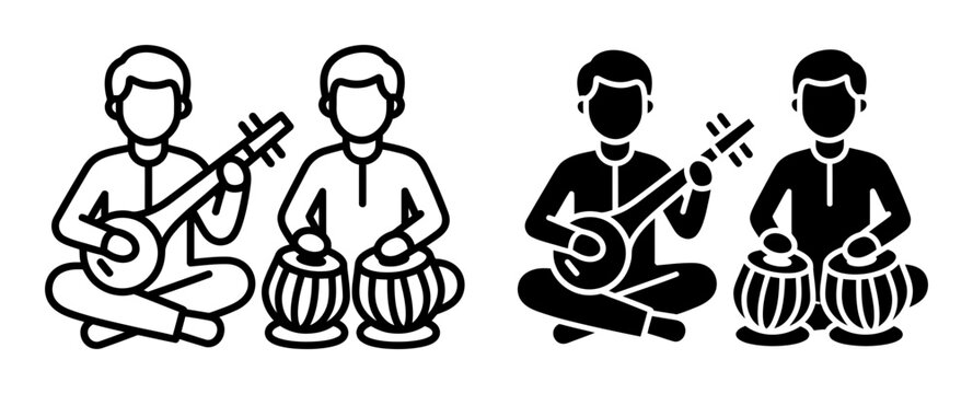 Musician icons, traditional Indian instruments, vector illustrations, black and white