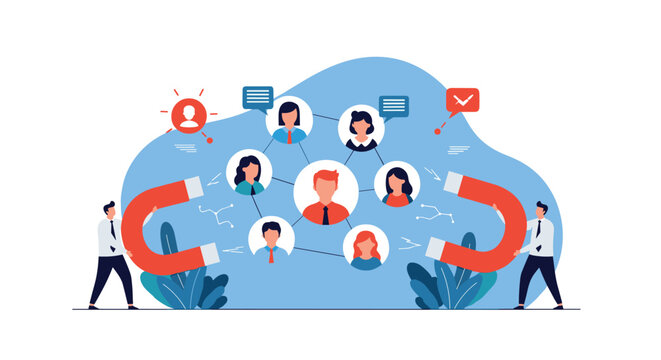 Two business professionals using large horseshoe magnets to attract and build a network of people and talented candidates for a team.