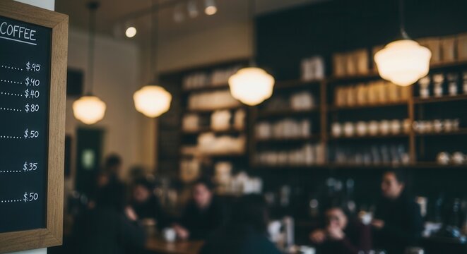 Cozy coffee shop interior with menu board and customers blurred in background.