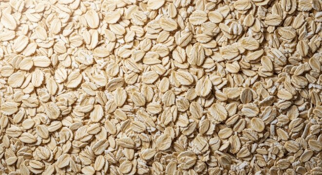 A seamless textured background composed entirely of dry, healthy, uncooked rolled oats, excellent for food packaging or breakfast themes, porridge, natural, oats