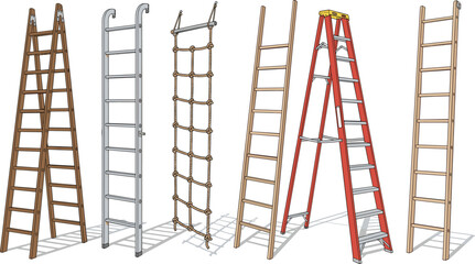 Collection of Six Different Types of Ladders Including Wooden Aluminum Rope and Fiberglass Vector Illustration Set © MD