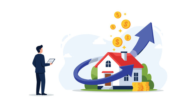 Real estate investor watching a house with rising value indicated by a blue arrow and falling gold coins from the sky.