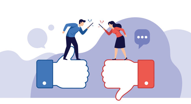 Two social media users standing on large thumbs up and thumbs down icons while arguing over their opposing viewpoints.