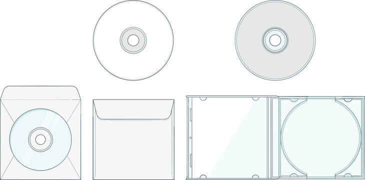Blank CD and DVD Compact Disc Vector Set with Plastic Jewel Case, Paper Envelope Sleeves, and Media Packaging Mockups for Digital Branding Design
