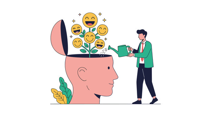 Man watering a plant of smiling yellow faces growing out of a large human head representing positive thinking habits.