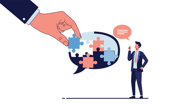 Giant hand placing a final blue puzzle piece into a speech bubble being observed by a thoughtful businessman in a suit.