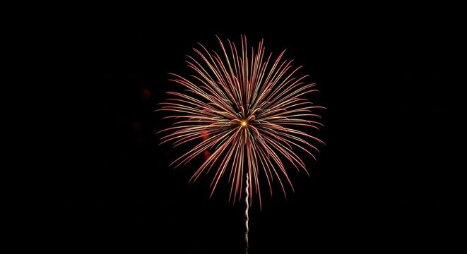 Vibrant red, gold, and green fireworks exploding high above, creating a dazzling light display across the dark summer night sky, pyrotechnic, glowing, display