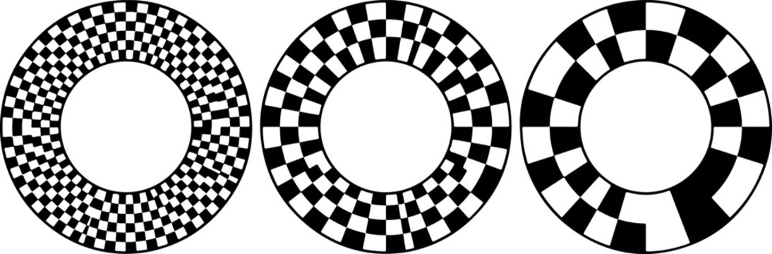 Set of Circular Checkered Frame Borders, Featuring Racing Flag Texture, Monochrome Mandala Layout, and Round Geometric Circles for Motorsport Design, Vector