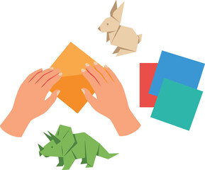 Vector illustration of origami paper folding with rabbit and triceratops representing craft, creativity, and art themes © Sheikh