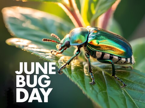 Closeup of a vibrant metallic green june bug resting on a lush green leaf in soft sunlight