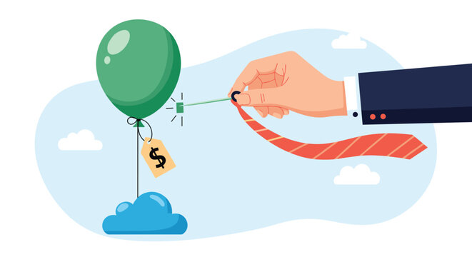 Close up of a giant hand pulling a red tie which is attached to a green balloon with a dollar tag, symbolizing controlling inflation.