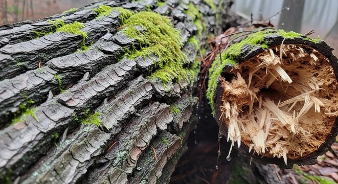 Close-up of a fallen tree log covered in green moss with a broken, hollowed-out section showing splintered wood textures.