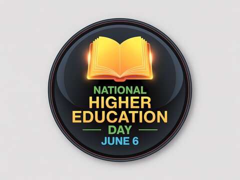 National higher education day june 6 emblem with glowing open book icon