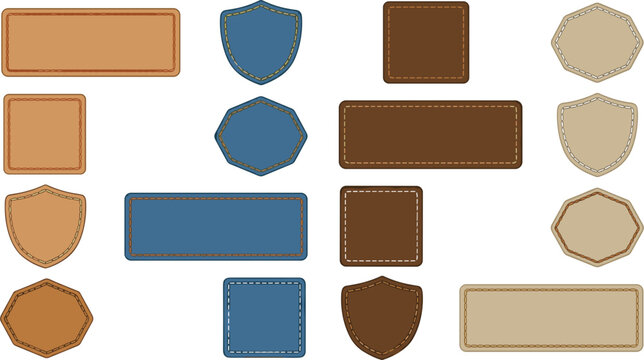 Leather and Denim Patch Vector Set with Stitched Badges, Blank Shield Labels, and Jeans Fabric Tags for Fashion Clothing Brand Identity Design