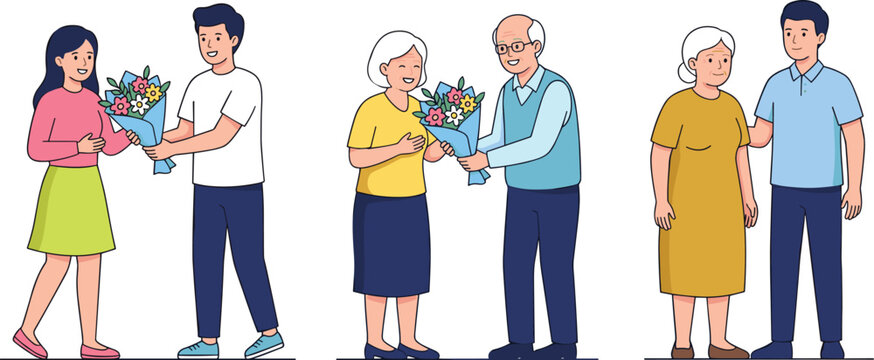 Vector illustration of people exchanging flowers and showing affection representing kindness, love, and relationship themes