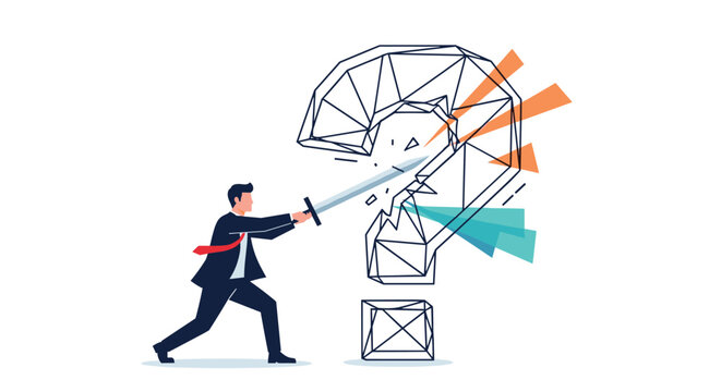 Determined man in a suit using a sword to slice through a giant geometric question mark, symbolizing the act of finding answers.