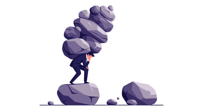 Stressed businessman carries a massive pile of heavy stones on his back while walking on a rocky path representing a heavy burden.