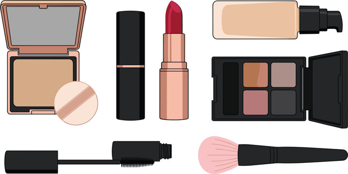 Makeup and Cosmetics Vector Set with Face Powder Compact, Lipstick Tube, Liquid Foundation, Eyeshadow Palette, Mascara, and Powder Brush for Beauty Designs