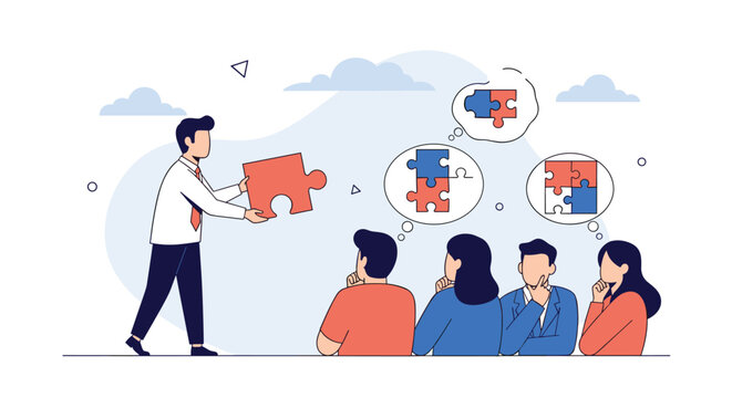 Male presenter shows a puzzle piece to a diverse group of thinkers who are visualizing various solutions for a common problem.