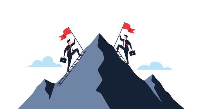 Two competitive businessmen climb separate ladders on a mountain peak to plant red flags and claim victory at the top.