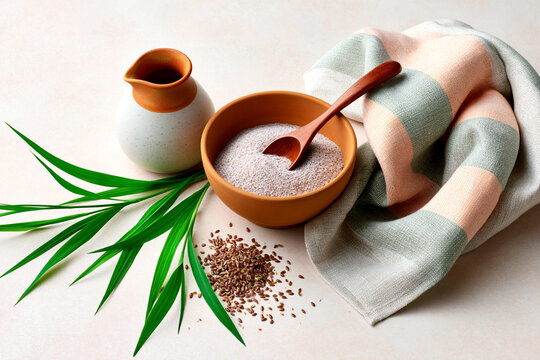 Natural wellness composition with bowl of bath salt wooden spoon ceramic bottle flax seeds and soft textile in minimal spa setting