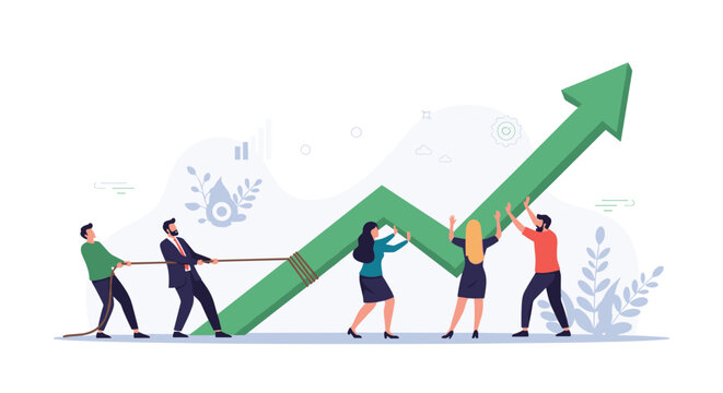 Diverse team of professionals works together by pushing and pulling a giant green arrow upward to signify business growth.