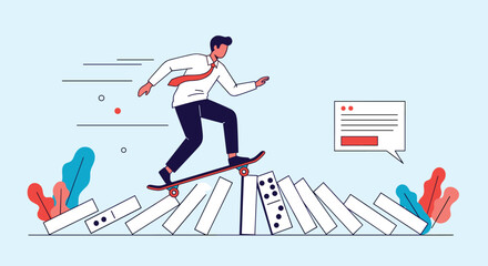 Fototapeta premium Risk taking businessman in a white shirt and tie skateboards over a row of falling dominoes representing resilience and overcoming crisis.