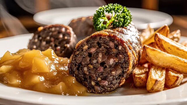 Traditional Scottish Haggis with Neeps and Tatties Served on a Plate.