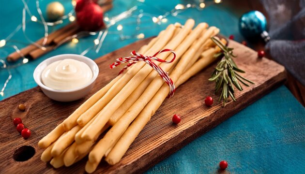 fresh string cheese sticks on rustic wooden cutting board with party food