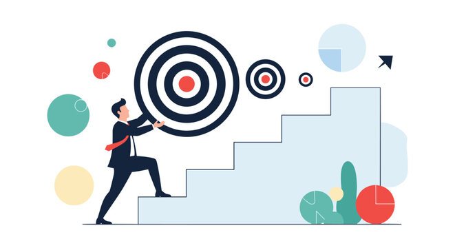 Determined businessman pushes a large black and white bullseye target up a set of stairs to reach the top level of success and goals.