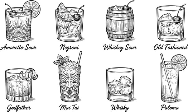 Vector illustration set of classic cocktails with detailed glasses, garnishes, and handwritten labels