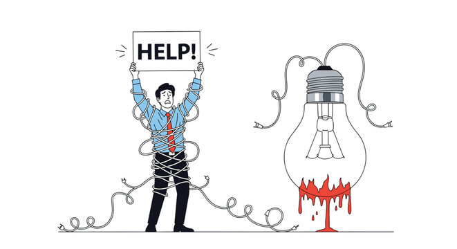 Distressed businessman tangled in electrical cords holds a help sign next to a melting lightbulb to symbolize burnout and failure.