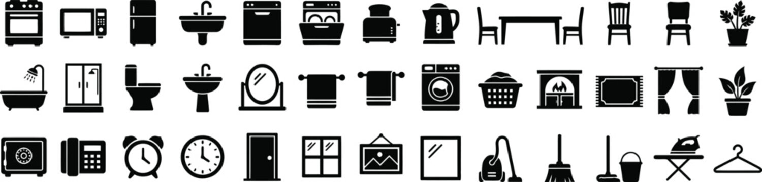 Household interior furniture and home appliances black silhouette vector icon set