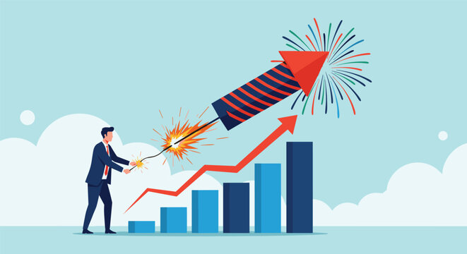 Excited businessman lights a massive firework rocket next to a rising blue bar chart to celebrate an explosive growth in business.