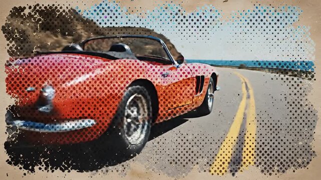 Vintage Red Convertible Car Driving Scenic Coastal Highway.