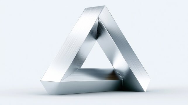 The scene features a penrose triangle made of polished chrome. The structure is displayed with shadows that create an optical illusion.