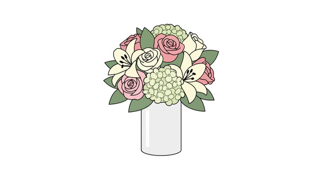 Elegant floral arrangement with roses, lilies, and hydrangea in a vase