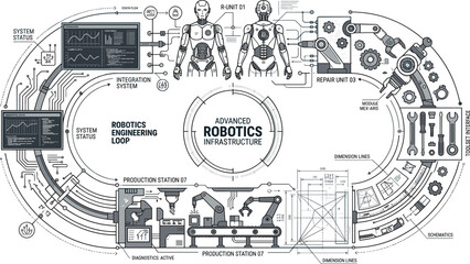 Naklejka premium Advanced robotics infrastructure vector blueprint with humanoid engineering systems automated production loops and futuristic manufacturing network concepts